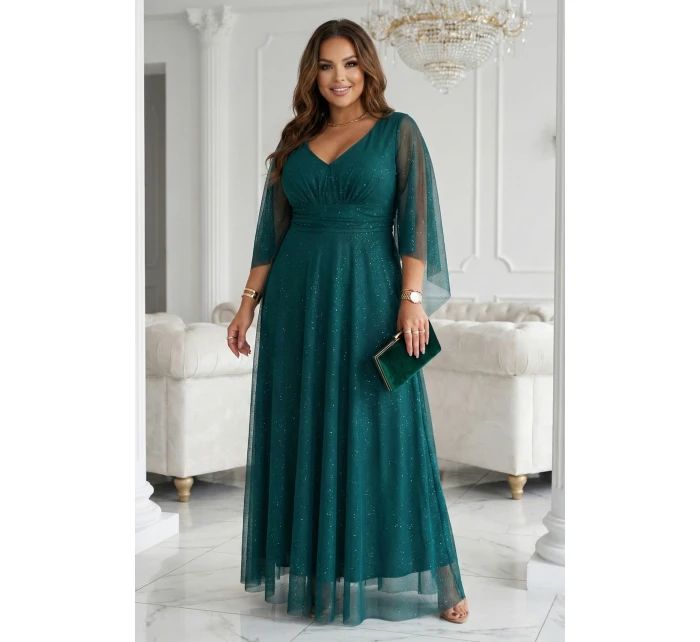 Dlouhé lehké třpytivé šaty s výstřihem a rukávy zelené model 21802212 - numoco basic Dlouhé lehké třpytivé šaty s výstřihem a rukávy zelené model 21802212 - numoco basic