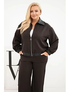 Dámska súprava Plus Size s mikinou na zips a širokými nohavicami, hnedá