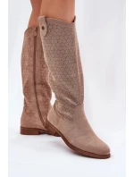 Dámske čižmy na nízkom podpätku s perforovaným vzorom S.Barski - béžové, ekokoža