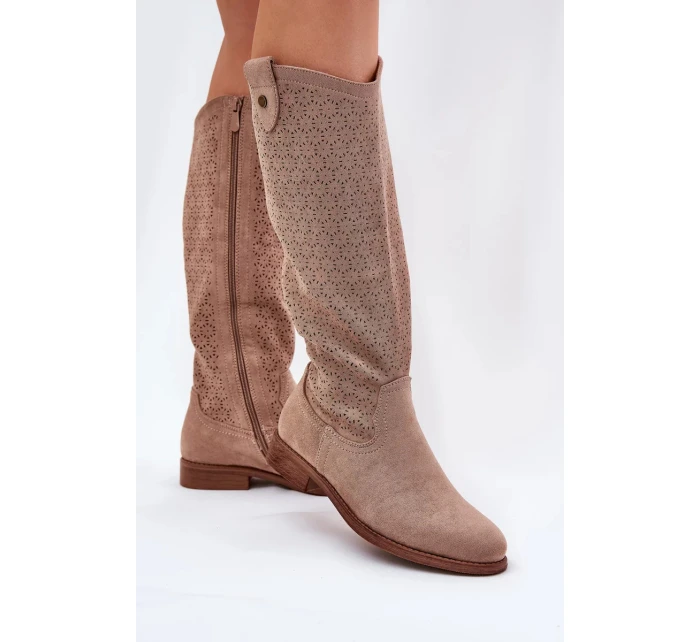 Dámske čižmy na nízkom podpätku s perforovaným vzorom S.Barski - béžové, ekokoža
