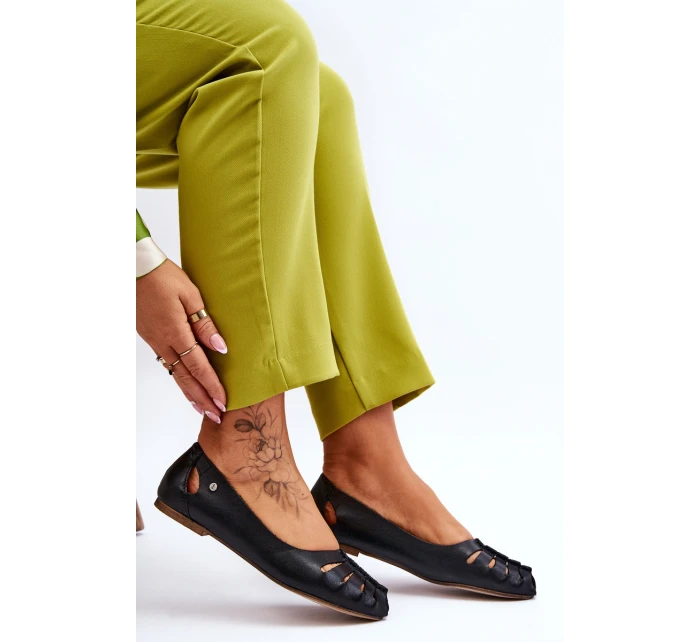 Wygodne Skórzane Baleriny Damskie Czarne Lemar Luka