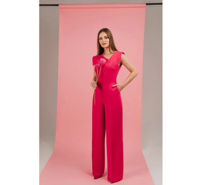 S407 Elegantný overal s asymetrickým výstrihom - ružový S407 Elegantný overal s asymetrickým výstrihom - ružový