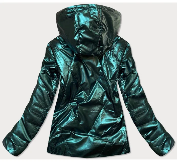 Krátka lesklá dámska bunda v fľaškovo zelenej farbe (W586)