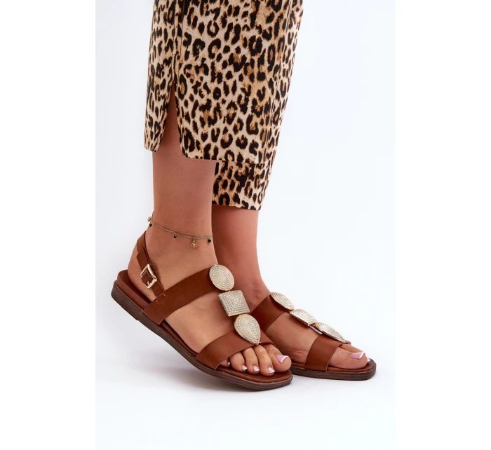 Sandały Damskie Płaskie Z Ozdobami Sergio Leone SK072H Brązowe