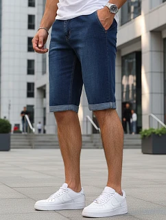 Pánske džínsové šortky s elastickým pásom tmavomodré FashionStreet SX2613