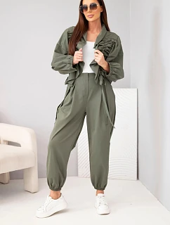 Dámský bavlněný komplet s řasenou mikinou a kalhotami khaki zielony