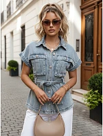 Koszula damska jeansowa z paskiem i krótkim rękawem model 22223058 - FashionStreet