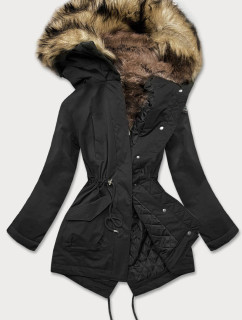 Čierna dámska zimná prešívaná bunda s kožušinou (M-137)
