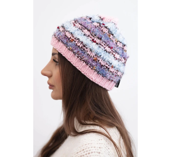 Dámska zimná čiapka s farebnou priadzou a elastickou šnúrkou K352 svetloružová+fialová+modrá