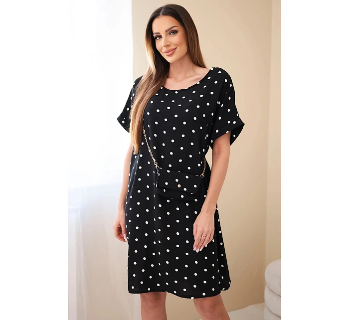 Dámske bodkované šaty s krátkymi rukávmi a kabelkou čierne