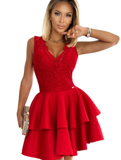 Dámske šaty s čipkovaným výstrihom a dvojitou sukňou Numoco ZLATA - červené