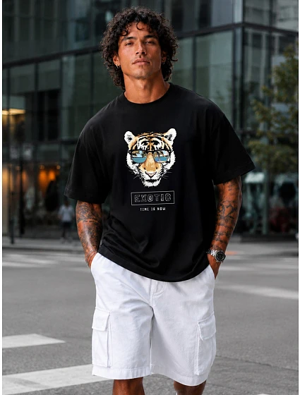 Pánske tričko s nadrozmernou tigrovanou potlačou čierne FashionStreet NX1011R