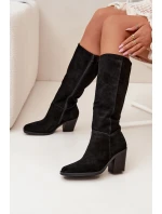 Semišové Kozačky Na Podpatku Se Zipem Černé model 21705064 - Boto