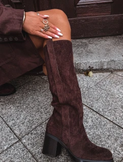 Dámské zimní kozačky na masivním podpatku čokoládové model 21715042 - Boto