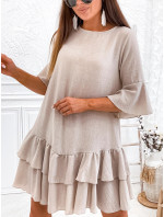 Béžové dámské bavlněné šaty s volánky (8292)