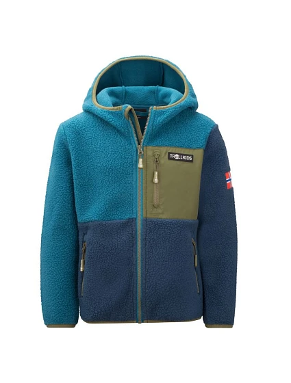 Detská fleecová bunda s kapucňou Trollkids Aurlandsfjord Blue/Green (466-104)