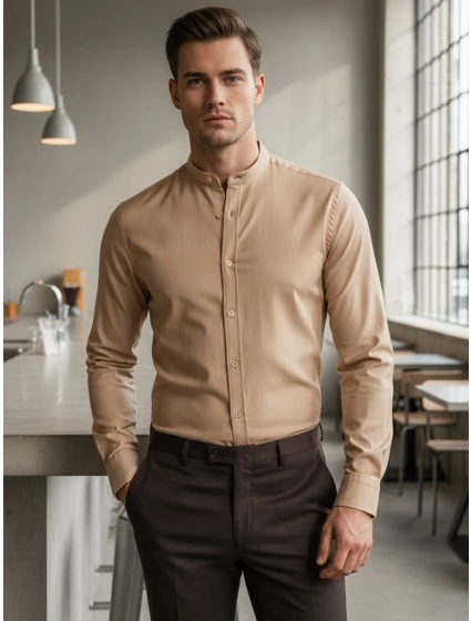 Pánská ležérní béžová košile SLIM FIT se stojáčkem Dstreet model 21981627 - FashionStreet