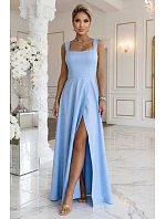 Dlouhé šaty s rozparkem a výstřihem modré s třpytkami model 22090126 - numoco