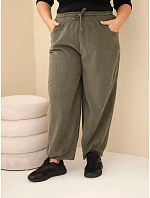 Dámské kalhoty bavlněné Plus Size manšestrové s gumou v pase a kapsami khaki