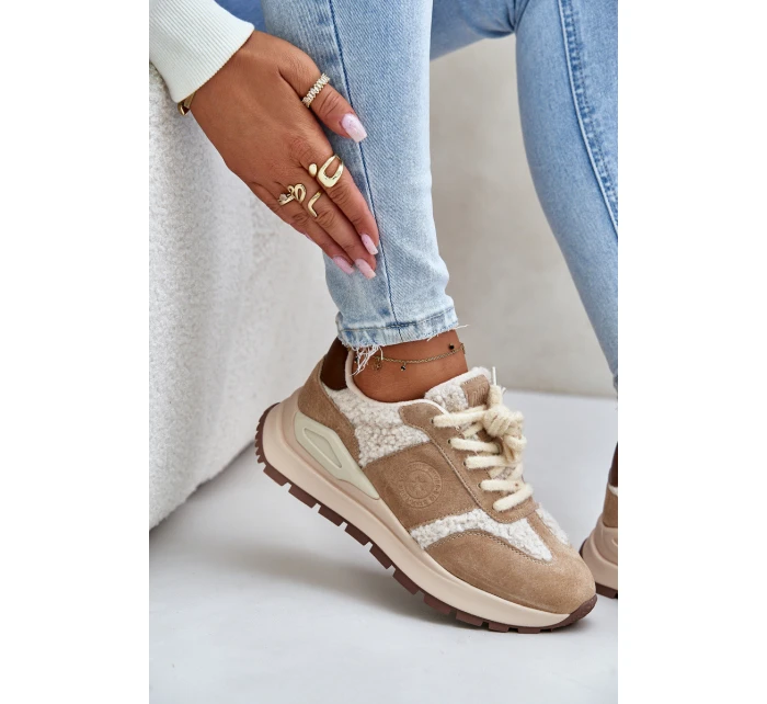 Ocieplane Sneakersy Damskie Skórzane Big Star OO274A317 HI-POLY SYSTEM Beżowe Ocieplane Sneakersy Damskie Skórzane Big Star OO274A317 HI-POLY SYSTEM Beżowe