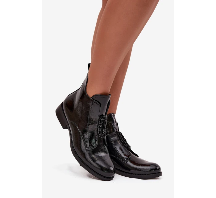 Lakierowane Ocieplane Botki Damskie Z Ozdobnym Detalem S.Barski HY52-525 Czarne