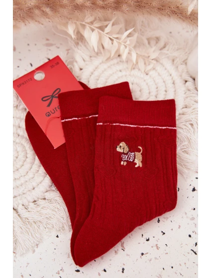 Dámske vianočné ponožky so srdiečkami a psíkom - červené Dámske vianočné ponožky so srdiečkami a psíkom - červené
