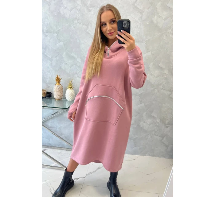 Zateplené šaty s kapucňou tmavo ružové