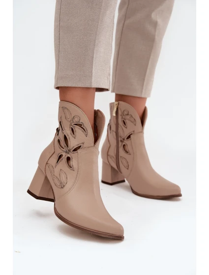 Skórzane Ażurowe Botki Damskie Na Słupku Zazoo 3647 Jasnobeżowe