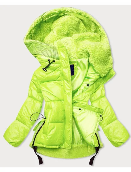 Neónovo žltá dámska krátka zimná bunda s kapucňou (JIN211)