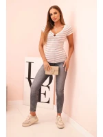 Dámská bavlněná žebrovaná pruhovaná halenka s výstřihem a ozdobným model 22014259 tmavě růžová - K-Fashion