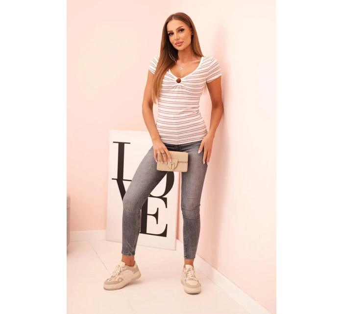 Dámská bavlněná žebrovaná pruhovaná halenka s výstřihem a ozdobným model 22014259 tmavě růžová - K-Fashion