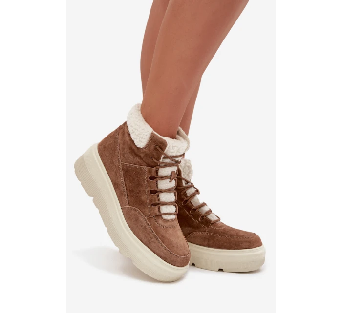 Zamszowe Śniegowce Damskie Z Kożuszkiem Na Platformie Vinceza 95354 Camel