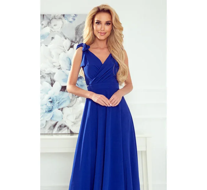 ELENA - Dlhé dámske šaty v nevädzovej farbe s výstrihom a zaväzovaním na ramenách 405-2 ELENA - Dlhé dámske šaty v nevädzovej farbe s výstrihom a zaväzovaním na ramenách 405-2