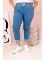Dámské bavlněné kalhoty Plus Size s elastickým pasem a zavazováním světlý denim Dámské bavlněné kalhoty Plus Size s elastickým pasem a zavazováním světlý denim