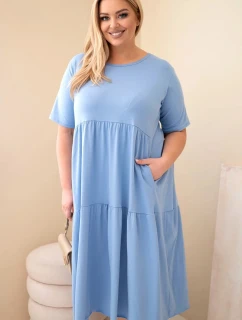 Dámské bavlněné šaty Plus Size s krátkým rukávem a volánem džínová