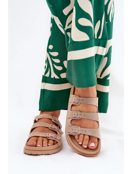 Klapki Damskie Z Paskami I Klamrami Beżowe Uliri