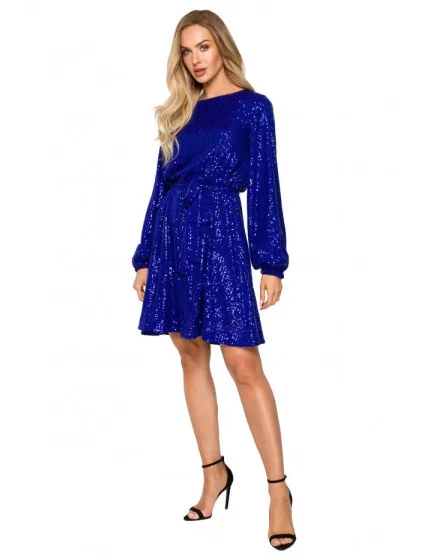 Šaty áčkového strihu s biskupskými rukávmi M715 kráľovsky modré - MOE Šaty áčkového strihu s biskupskými rukávmi M715 kráľovsky modré - MOE