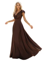 411-15 CRYSTAL saténové dlhé šaty s výstrihom - čokoládové