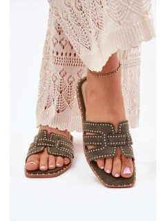 Zdobione Klapki Na Płaskim Obcasie Zielone Anniles