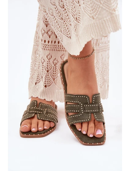 Zdobione Klapki Na Płaskim Obcasie Zielone Anniles