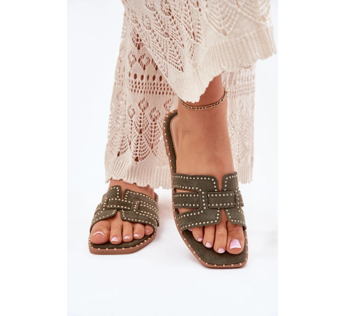 Zdobione Klapki Na Płaskim Obcasie Zielone Anniles