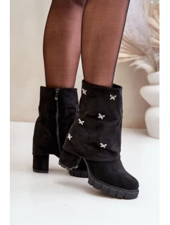 Zdobione Botki Z Wywiniętą Cholewką Na Słupku Czarne Esadora