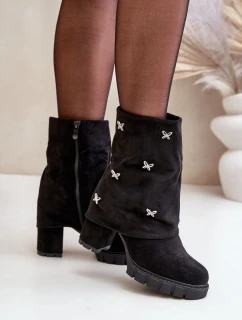 Zdobione Botki Z Wywiniętą Cholewką Na Słupku Czarne Esadora