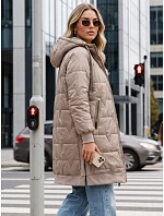 Dlhá dámska prešívaná bunda s kapucňou, béžová, FashionStreet TY5810