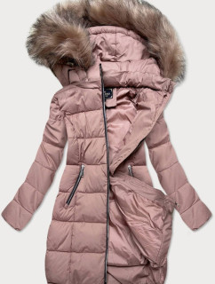 Prešívaná dámska zimná bunda v staroružovej farbe s kapucňou (7702)