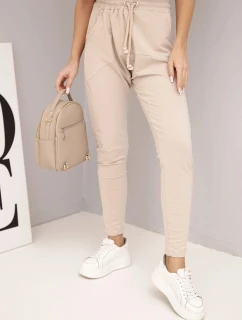 Dámské bavlněné cargo kalhoty s kapsami a řetízkem béžové