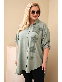 Dámske tričko Plus Size z viskózy s kvetinovou výšivkou khaki