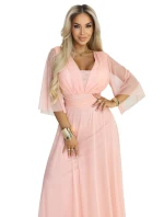 654-4 Dlhé trblietavé šaty nadmernej veľkosti s výstrihom a priehľadnými rukávmi - broskyňové