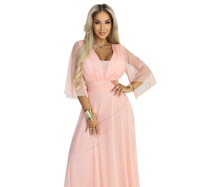 654-4 Dlhé trblietavé šaty nadmernej veľkosti s výstrihom a priehľadnými rukávmi - broskyňové