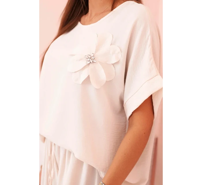 Dámský komplet z viskózy s ozdobným květem a širokými kalhotami - béžový